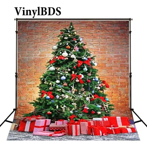 VinylBDS Photography Backdrops Christmas Brick Wall Gift Backdrop Photography Christmas Tree Digitally Printed Backdrop