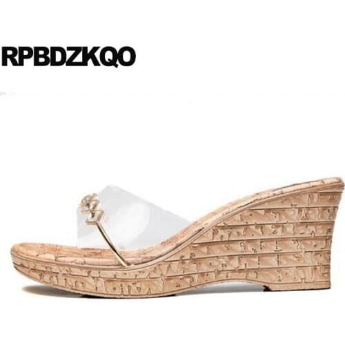 Platform Pumps Transparent High Heels Cork Shoes Cheap Diamond Rhinestone 2018 Sandals Korean Pvc Wedge Open Toe Slides Women