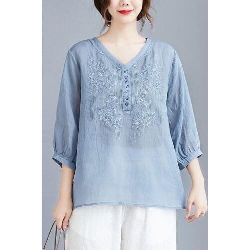 Oversized Women Casual Blouses Shirts New 2021 Summer Vintage Style V-neck Embroidery Loose Female Cotton Linen Tops S2932