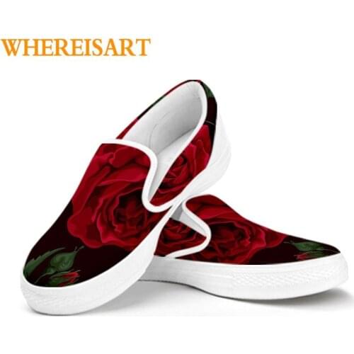 WHEREISART Red Roses Floral Flowers Pattern Women Shoes Casual Slip On Flats Shoes Women Zapato Mujer 2021 Loafer Shoes Sneaker