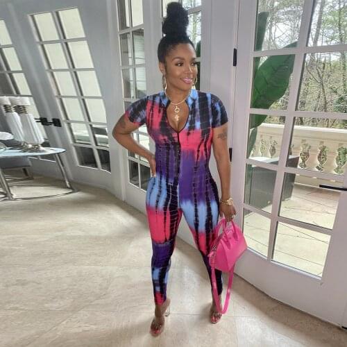 Street Style Tie Dye Print Rompers Womens Jumpsuit Short Sleeve Front Zipper Skinny Overall Summer Ladies Slim One Piece Outfit