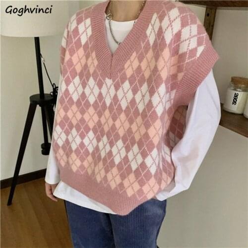 Argyle Sweater Vest Women Pink Sweet Sleeveless Sweaters All-match V-neck Korean Style Oversize Knitted New Arrival Femme Tops