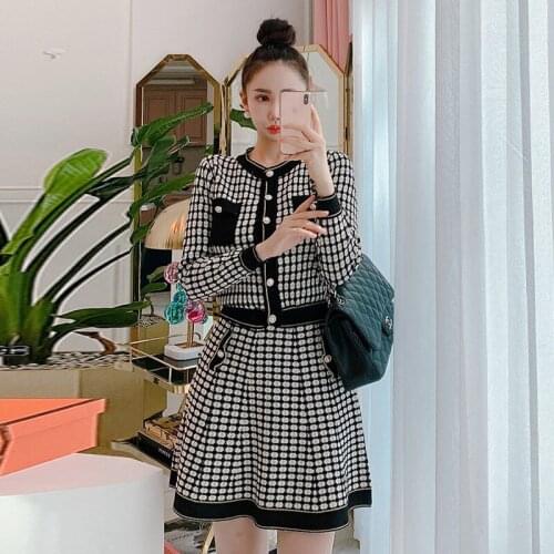 New arrival thick warm knit bouncy print women sets Single-breasted jacket and mini a-line skirt vintage elasticity women sets