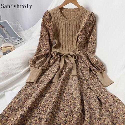 Sanishroly Autumn Women Long Floral Print Dress Knitted Patchwork Dresses Female Tie Bow Corduroy Dress Bohemia Vestidos SE1116
