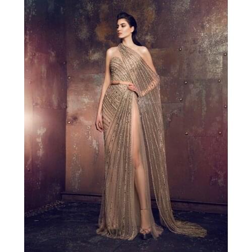 Luxury Dubai Long Evening Dress with Golden Backless Mermaid Prom Graduation Dresses 2021 Women Wedding Formal Party Gowns