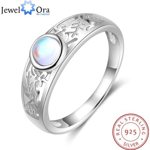 JewelOra 925 Sterling Silver Round Moonstone Ring with Flower Leaf Silver 925 Wedding Wide Rings for Women Female Fine Jewelry