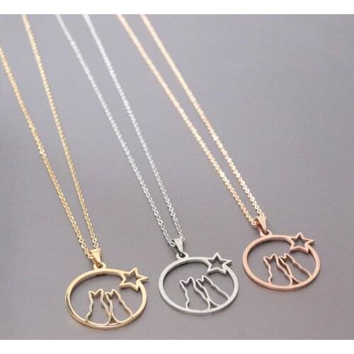 1 cat necklace two cat watch star pendant necklace anime cartoon round necklace ladies couple stainless steel lovers necklace