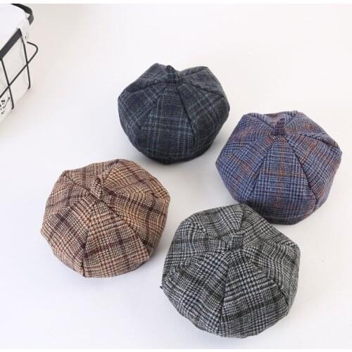 New Autumn Winter Classic Plaid Beret Caps Children Kids Boys Girls Fashion Woolen Newsboy Artist Japanese Painter Hat