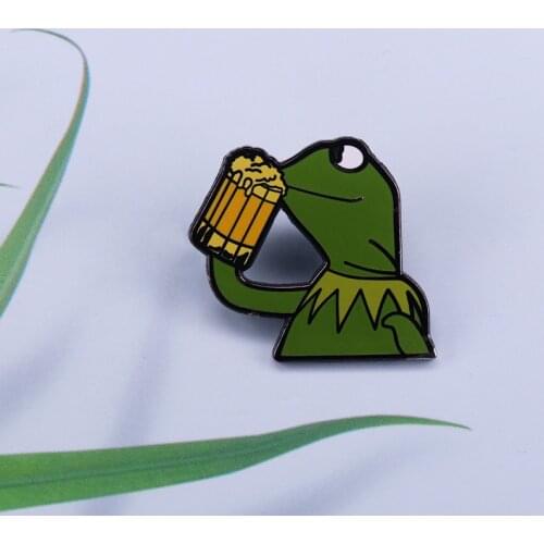Kermit Drinking Beer Enamel Pin Sad Pepe Frog Brooch None Of My Business Funny Badge pop Internet Meme Fans Accessory