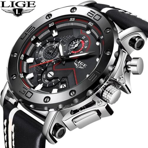 LIGE New Fashion Mens Watches Top Brand Luxury Big Dial Military Quartz Watch Leather Waterproof Sport Chronograph Watch Men+Box