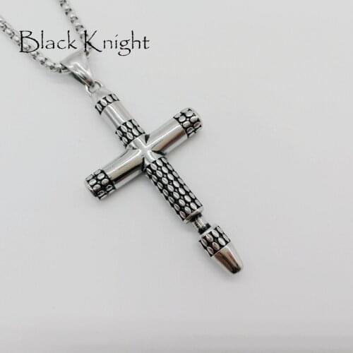 Black Knight Bullet cross pendant necklace Embossed retro silver color cross necklace fashion Stainless steel jewelry BLKN0580