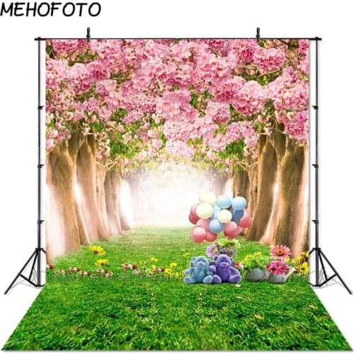 MEHOFOTO Pink Flower Forest Photography Backdrops for Children Spring Grassland Natural Scenery Photo Studio Backgrounds Props
