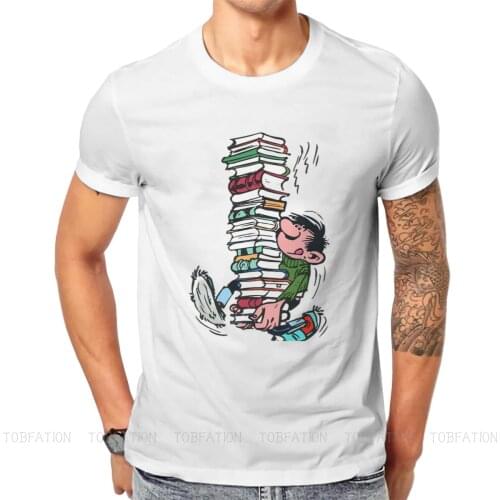 Gaston Lagaffe Comics TShirt for Men With Books Soft Casual Tee T Shirt Novelty Trendy Loose