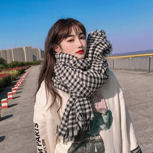 Korean Scarf Female Winter Korean Version Versatile Long Thickened Student Warm Lattice Bib Japanese Small Fresh