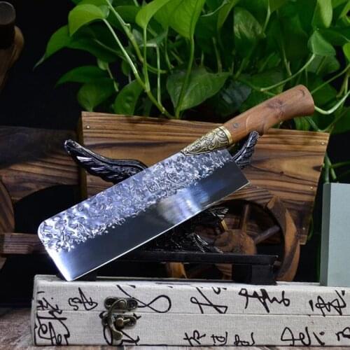 Little Cook Kitchen Chef Knife Forged Chinese Meat Cleaver with Dragon Sculpture Rosewood Handle Handmade Cooking Cuisine Tools