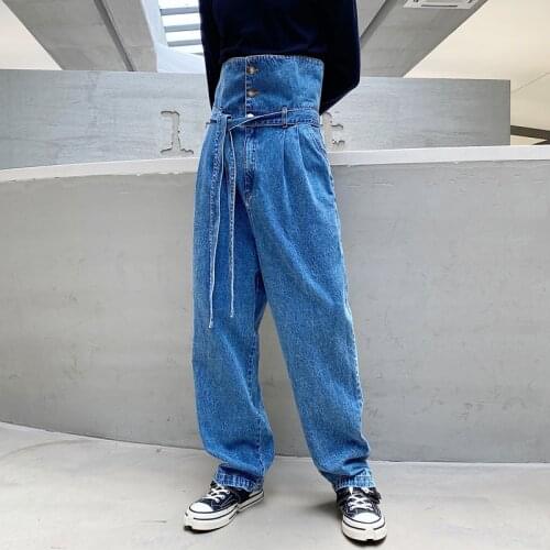 Mens High Waist Blue Denim Jeans Pants Loose Straight Trousers Casual Buttons Front C23