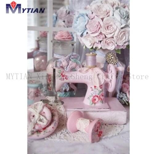 MYTIAN 5D DIY Diamond Painting Shabby Chic Sewing Machine Pink Flowers,Diamond Embroidery Art Kit Full Drill Mosaic Wall Sticker