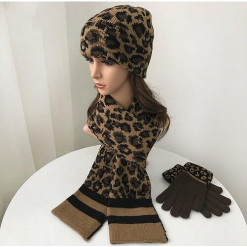 New leopard print wool knitting cap glove scarf three - piece autumn and winter outdoor travel warm and thick suit women