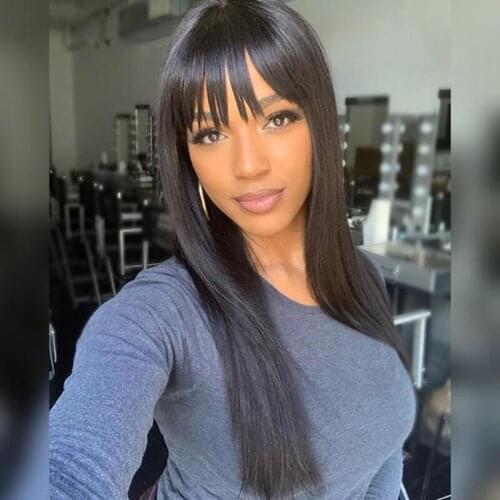Straight Human Hair Wigs With Bangs Full Machine Made Wigs Natural Black Brazilian Remy Hair Glueless Wigs For Black Women