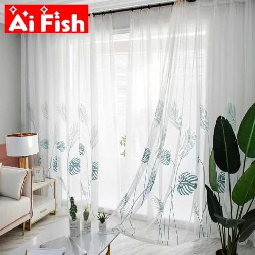 Pastoral Blue Banana Leaf Embroidered Tulle Curtains for Living room Rustic Window Treatments Sheer Voile for Kitchen Drapes #4