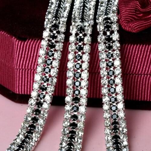 3mm 5Yard 3Rows Clear Crystal Black Rhinestone Chain with Claw Dress Decoration Trim Applique Sew on Garment Bags