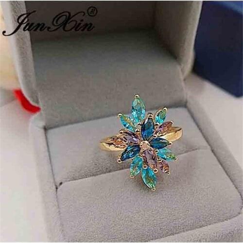 Multicolor Crystal Snowflake Rings For Women Yellow Gold Ring Dainty Blue Purple Zircon Wedding Bands Stacking Thin Ring Jewelry