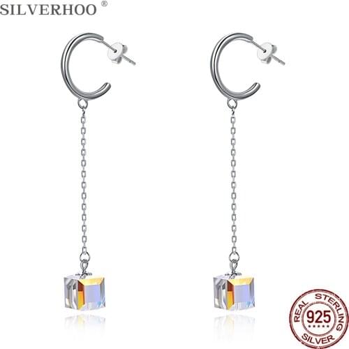 SILVERHOO 925 Sterling Silver Women Earrings Long Tassel Square Austria Crystal Pendant Drop Earring Fine Jewelry Wholesale Gift