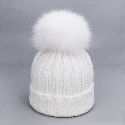 Children Adult Wool Beanies Winter Natural Fox Raccoon Fur Pom Pom Girls Female Knitted Hat Parent-child Warm Skullies Beanies