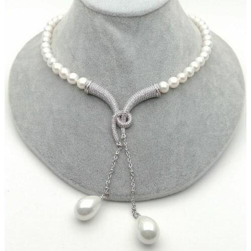 Hand knotted 8-9mm white freshwater cultured pearl micro inlay zircon accessories necklace shell pearl pendant long 50cm