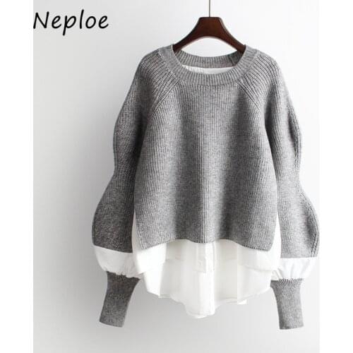 Neploe Fake Two-piece Knitted Sweater 2021 Autumn and Winter Womens Pullovers Lantern Sleeve Stitching Womens Sweaters