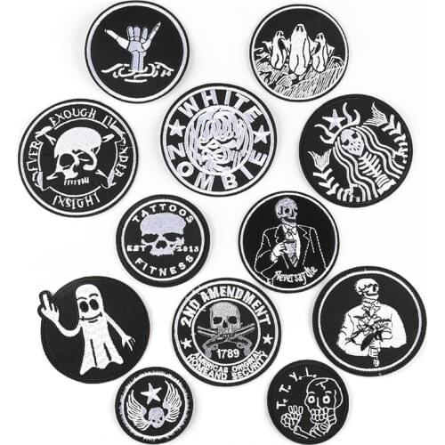 Horror Black White Skull Ghost New Funny Creative Embroidery Badge Round Punk Iron on Patches
