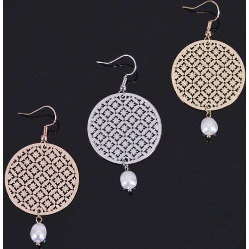 High Quality Round Gold Filigree Lattice Pearl Drop Earrings for Women New Simple Boutique Designer Jewelry Gifts for Her
