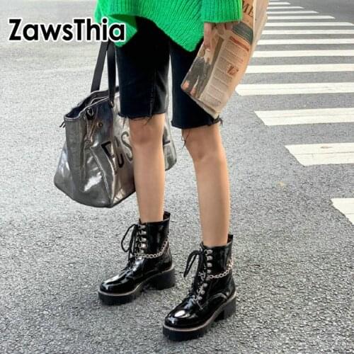 ZawsThia 2020 winter patent PU leather glossy woman ankle boots cross-tied lace up punk platform martin boots with metal chain