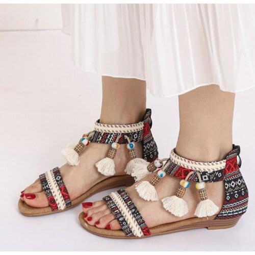 Womens Sandals Low Heels Ladies Tassel Bead Shoes Bohemia Stlye Bag Heel Zip Female Folk-custom Shoes String Mixed Color 2021