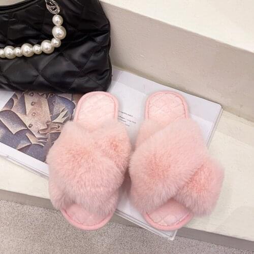 Women Plush Cross Band Mop Cotton Indoor Warm Slippers Womens Rabbit Hair Winter Plush Home Indoor Slippers Women Shoes