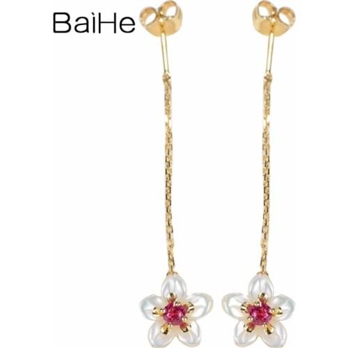 BAIHE Genuine Solid 18K Yellow Gold Natural Ruby Earrings Wedding Trendy Fine Jewelry Flower Stud Earrings for Women серьги