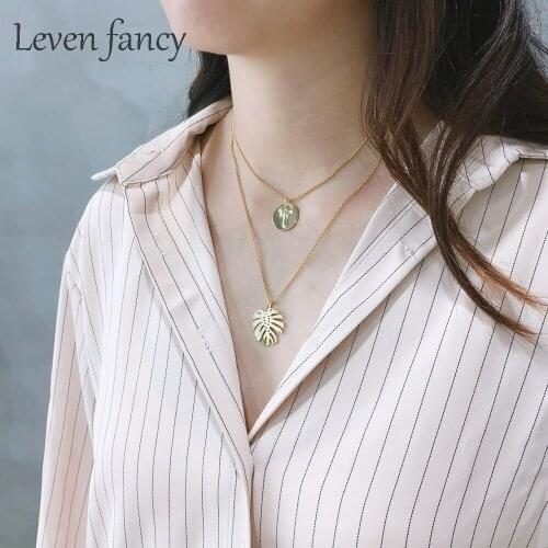 Nature Inspired Design Golden 925 Sterling Silver Turtle Leaf Coconut Tree Double Layer Chain Necklace Womens Daily Jewelry 2019