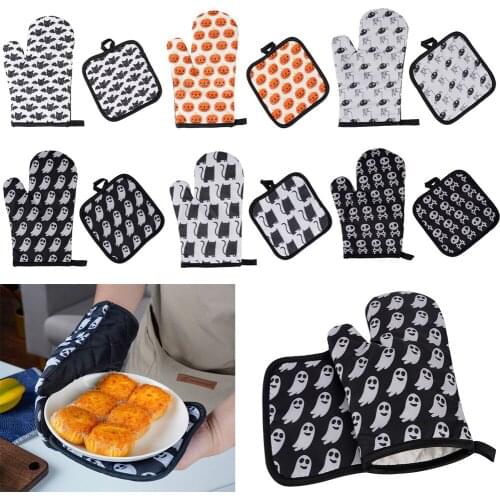 1 Set Microwave Oven Mitts With Mat Halloween Pattern Anti-scalding Gloves BBQ Tray Dish Bowl Holder Kitchen Baking Tools