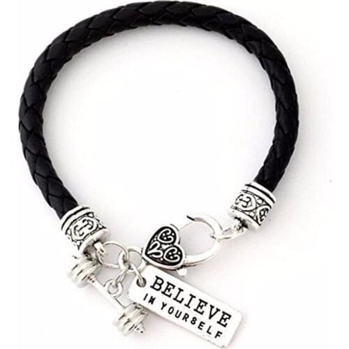 Black Leather Braided Cross Fit Fitness Dumbell Barbell Charm Bracelet "Believe In Yourself"