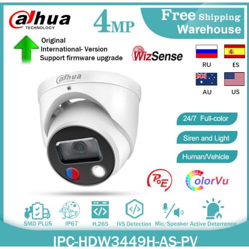 Dahua 4MP WizSense Full-Color IP Camera IPC-HDW3449H-AS-PV H265+ POE Built-in MIC and Speaker SD Card CCTV Security Video Camera