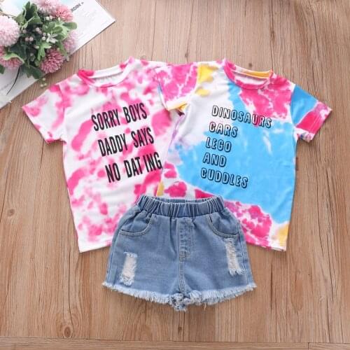 Kids Girls Clothes Set Toddler Girl Summer Tie-dye Letter Short Sleeve Top+Denim Shorts 2PCS Outfit Children Clothing Set