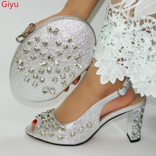 Doershow good Shoes and Bag Set African Sets silver Color Italian Shoe Bag Set Decorated with Rhinestone High Quality!HFY1-12