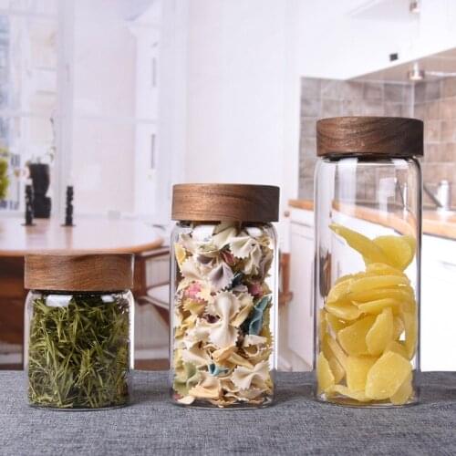 Storage Airtight Containers Transparent Glass Pot Screw thread Mouth Wood Cover Kitchen Containers Coffee beans Honey Savings
