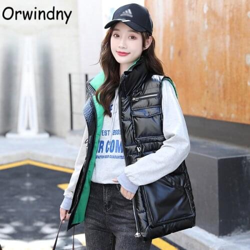Orwindny Glossy Warm Vest Women Fashion Letter Waterproof Short Waistcoat Drawstring Mandarin Collar Parka Jacket Sleeveless