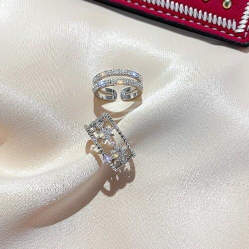 Exquisite Silver color Rhinestone Star Opening Rings For Woman Fashion Korean Jewelry Luxury Wedding Party Unusual Girls Rings
