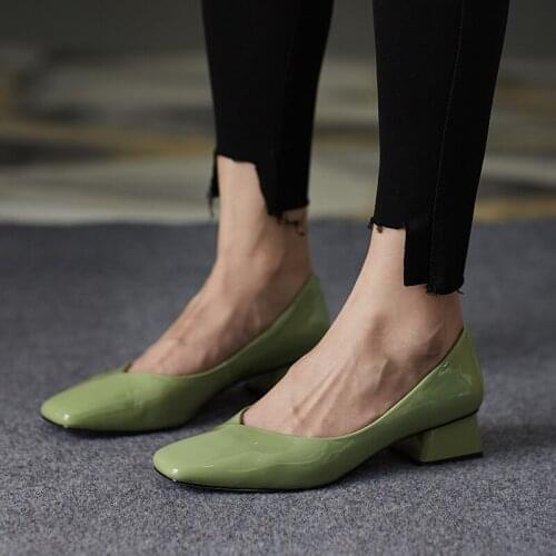 Candy Color Cow Patent Leather Women Pumps Square Toe Shallow Woman Work Shoes Thich Heels Party Daliy High Heels Shoes