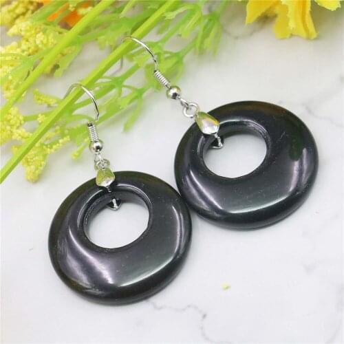 28MM Round Black Agates Onyx Drop Earrings Circular Ring Natural Stone Women Girl DIY Alloy Fashion Jewelry Making Design