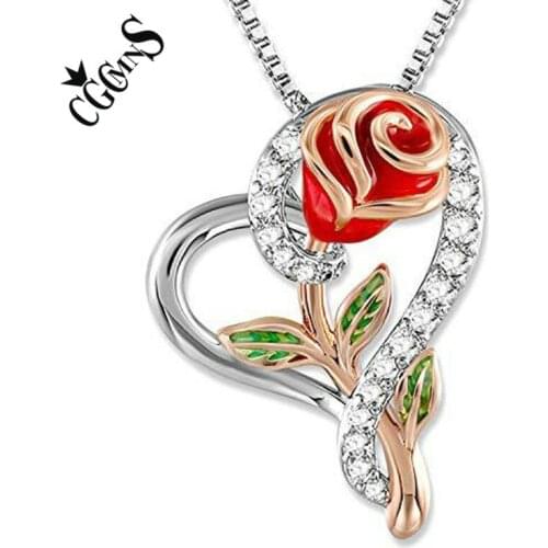Cute Romantic Style Luxury Crystal Rose Flower Necklaces Charm Heart Pendant Necklace With Box Chain For Womens Jewelry Gifts