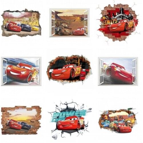 Cartoon Mcqueen Cars 3D Wall Stickers for Kids Room Boys Fake Window PVC Wallpaper Murals Sticker Decals Room Decoration Nursery
