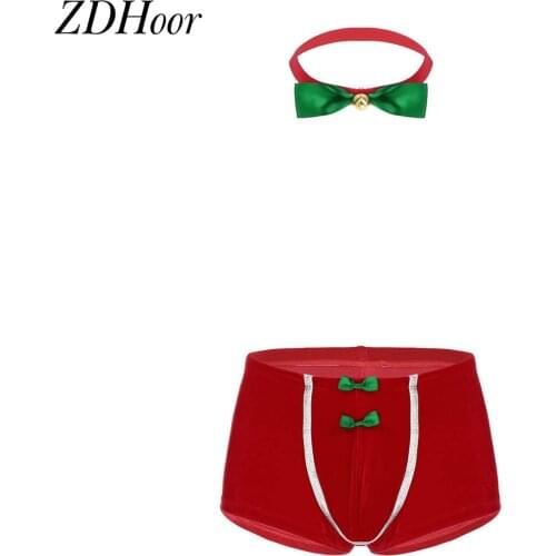 Mens Soft Velvet Christmas Boxer Underwear Fancy Cosplay Costume Mid Rise Front Bulge Pouch Boxer Shorts Underwear with Bowtie